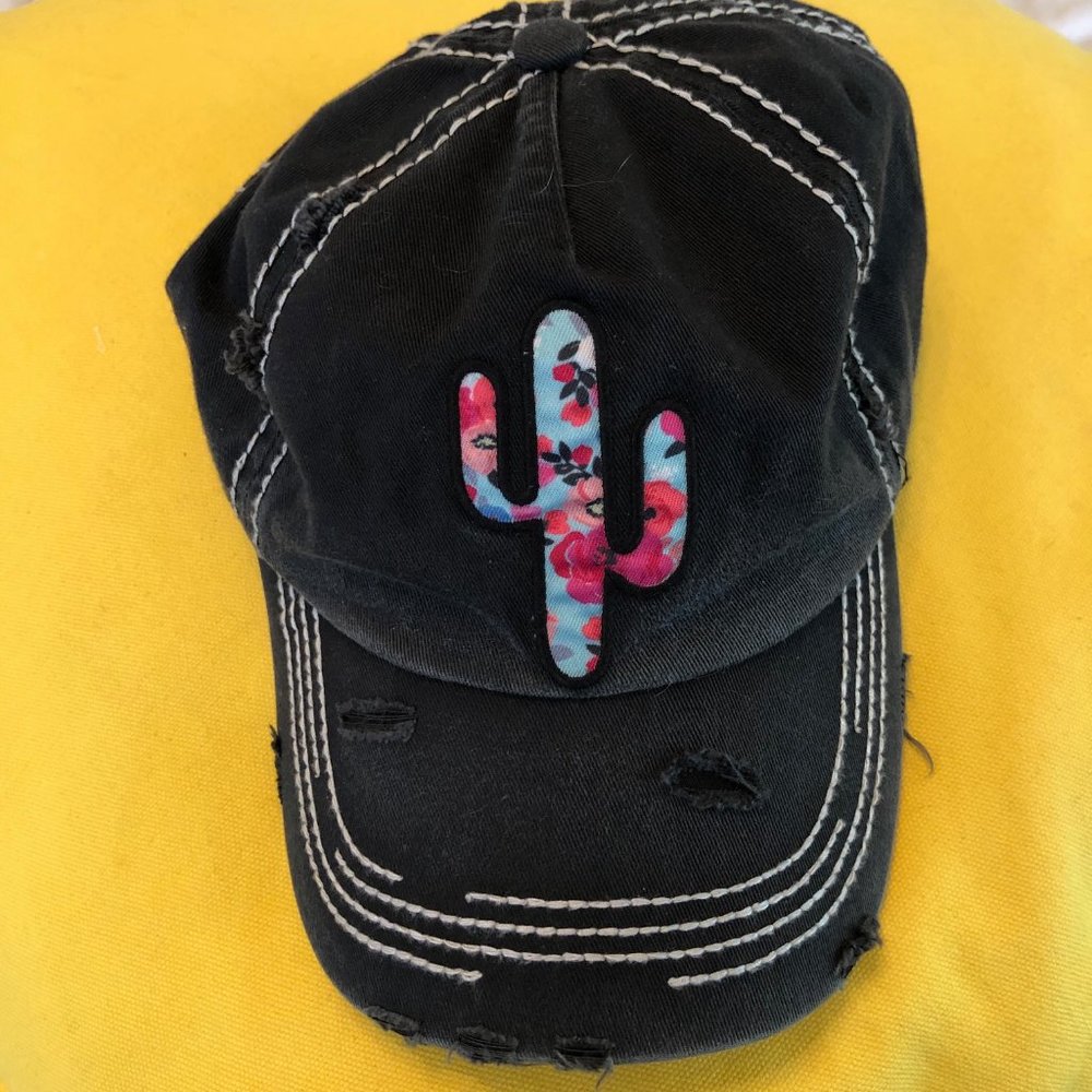 Distressed floral cactus baseball hat